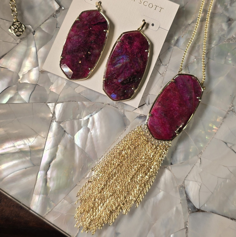 FACETED DANIELLE EARRINGS & DEANNA PENDANT NECKLACE SET RASPBERRY LABRADORITE